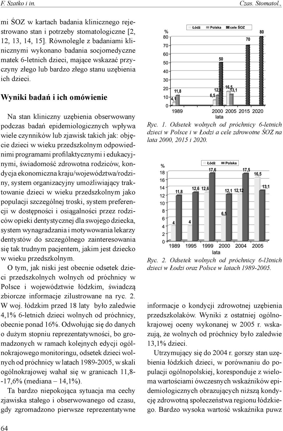 Wyniki badań i ich omówienie Na stan kliniczny uzębienia obserwowany podczas badań epidemiologicznych wpływa wiele czynników lub zjawisk takich jak: objęcie dzieci w wieku przedszkolnym odpowiednimi