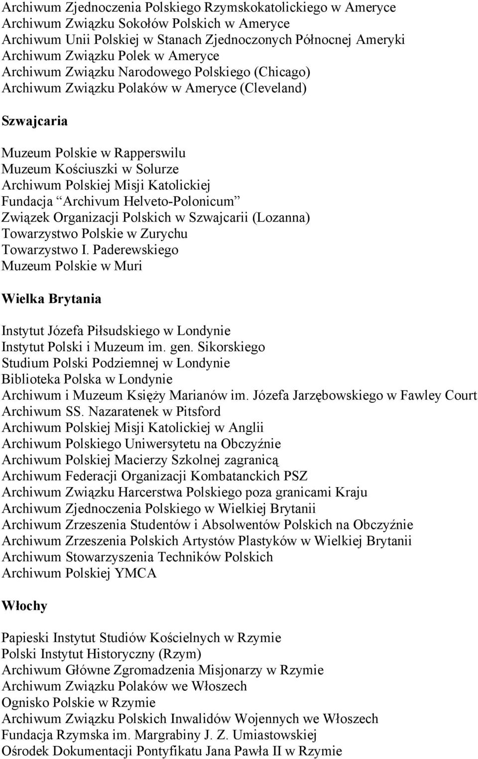 Katolickiej Fundacja Archivum Helveto-Polonicum Związek Organizacji Polskich w Szwajcarii (Lozanna) Towarzystwo Polskie w Zurychu Towarzystwo I.