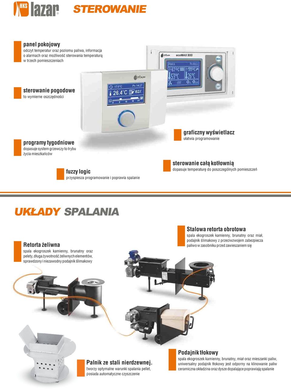 dopasuje temperaturę do poszczególnych pomieszczeń UKŁADY SPALANIA Retorta żeliwna spala ekogroszek kamienny, brunatny oraz pelety, długa żywotność żeliwnych elementów, sprawdzony i niezawodny