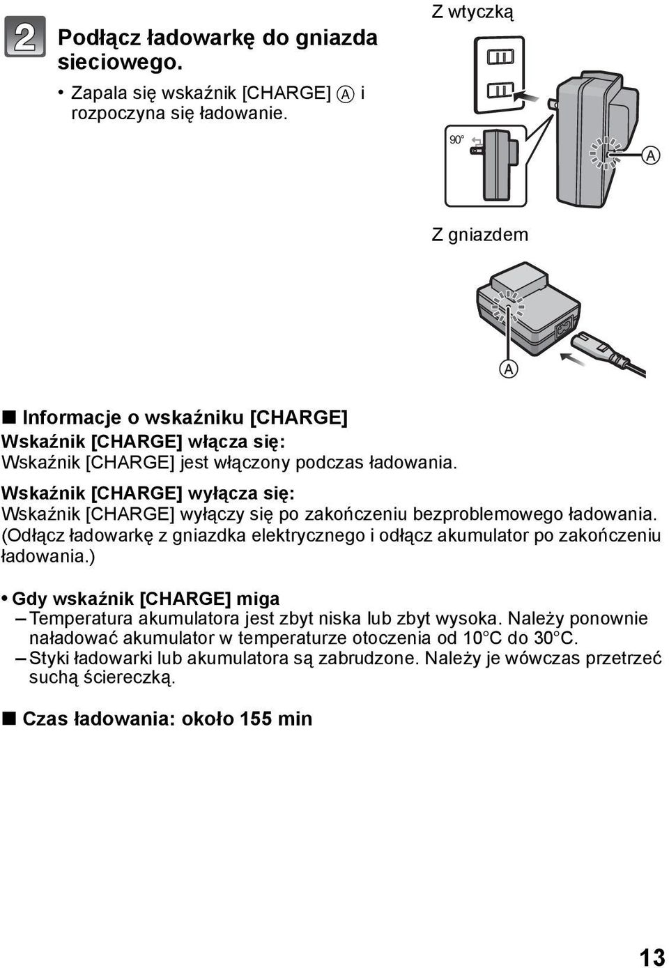 Wskaźnik [CHARGE] wyłącza się: Wskaźnik [CHARGE] wyłączy się po zakończeniu bezproblemowego ładowania.