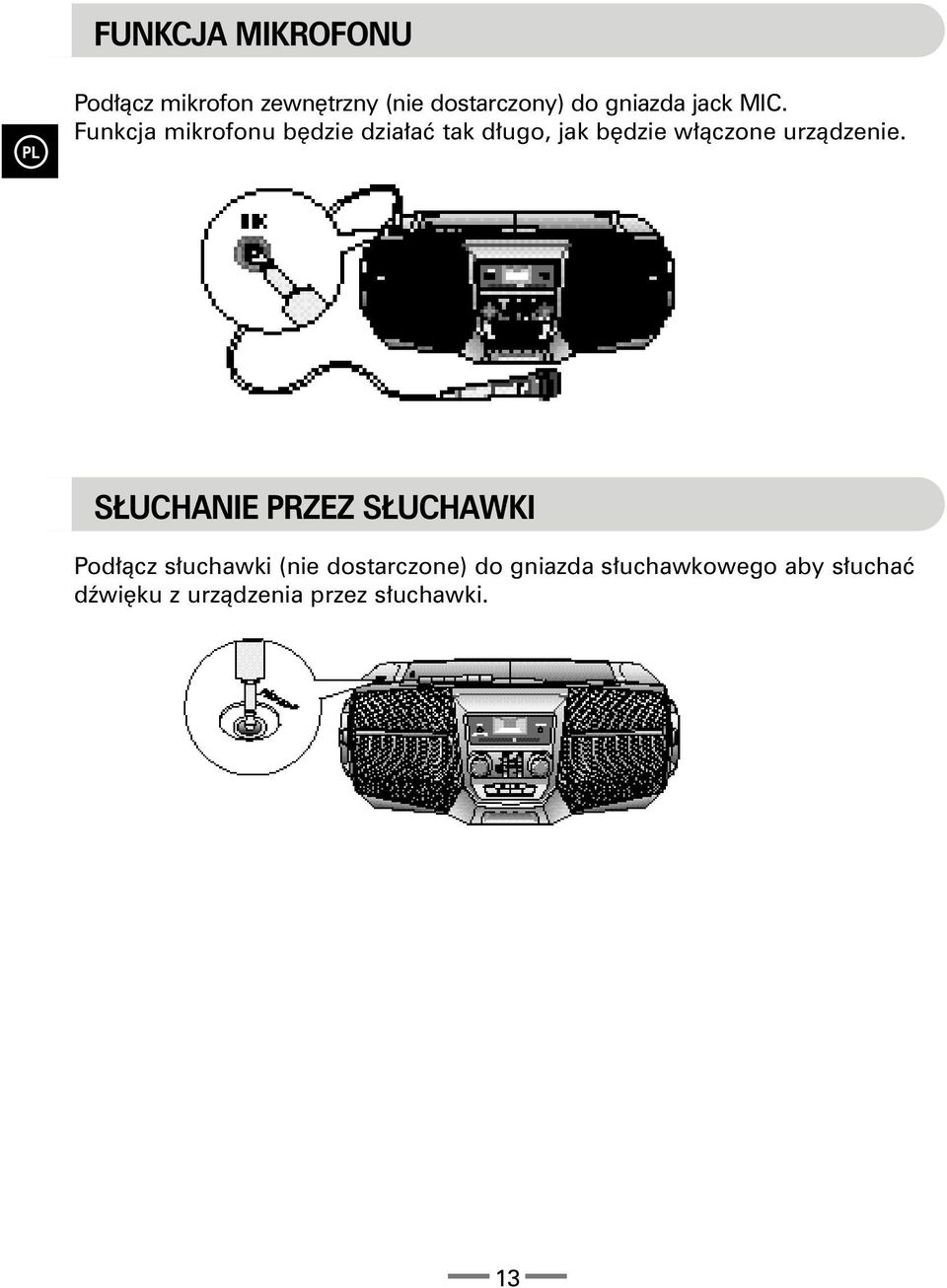 Funkcja mikrofonu bêdzie dzia³aæ tak d³ugo, jak bêdzie w³¹czone urz¹dzenie.
