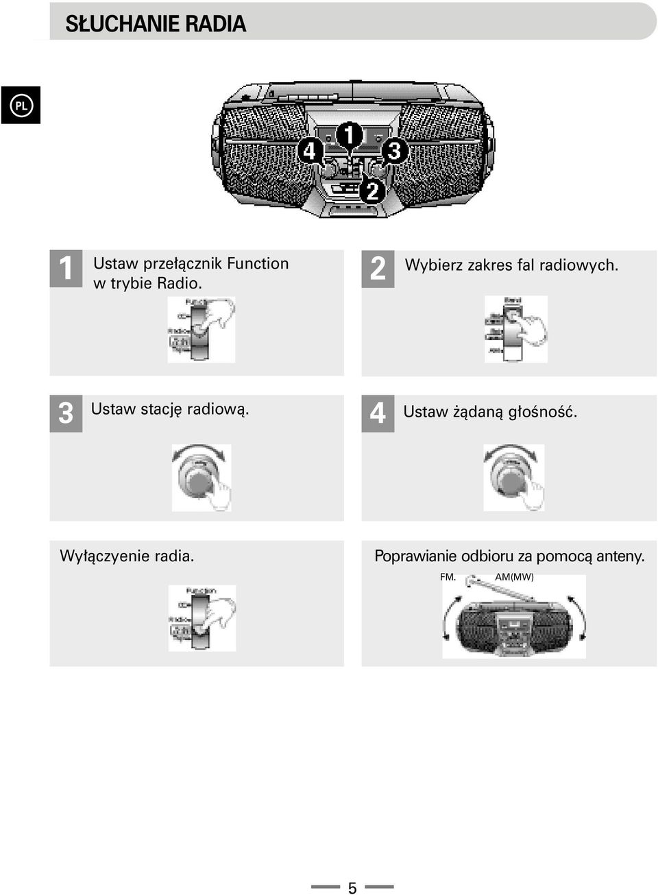 3 Ustaw stacjê radiow¹. 4 Ustaw ¹dan¹ g³oœnoœæ.
