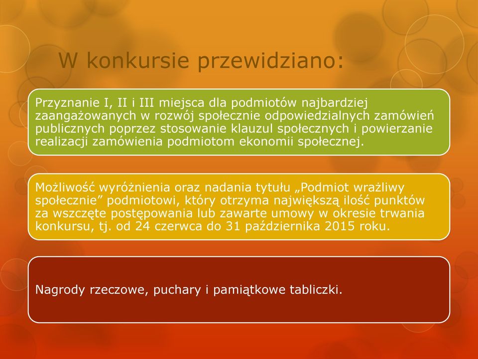 Możliwość wyróżnienia oraz nadania tytułu Podmiot wrażliwy społecznie podmiotowi, który otrzyma największą ilość punktów za wszczęte