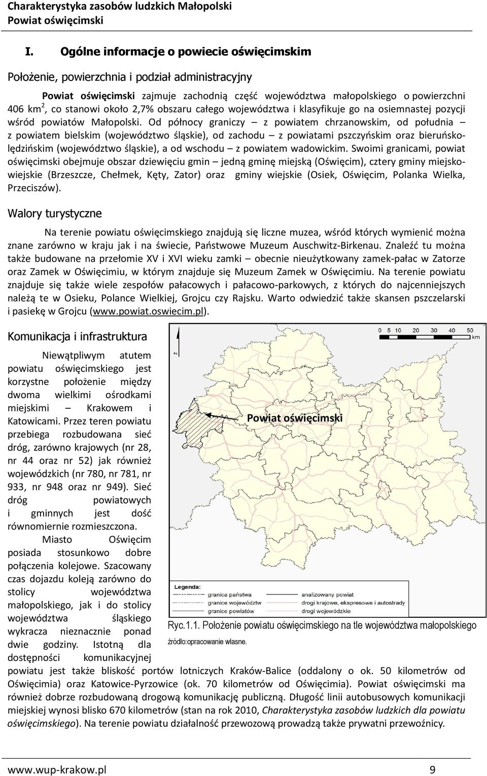 Od północy graniczy z powiatem chrzanowskim, od południa z powiatem bielskim (województwo śląskie), od zachodu z powiatami pszczyńskim oraz bieruńskolędzińskim (województwo śląskie), a od wschodu z