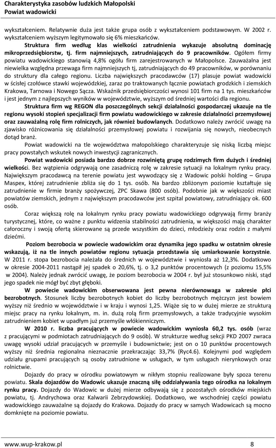 Ogółem firmy powiatu wadowickiego stanowią 4,8% ogółu firm zarejestrowanych w Małopolsce.