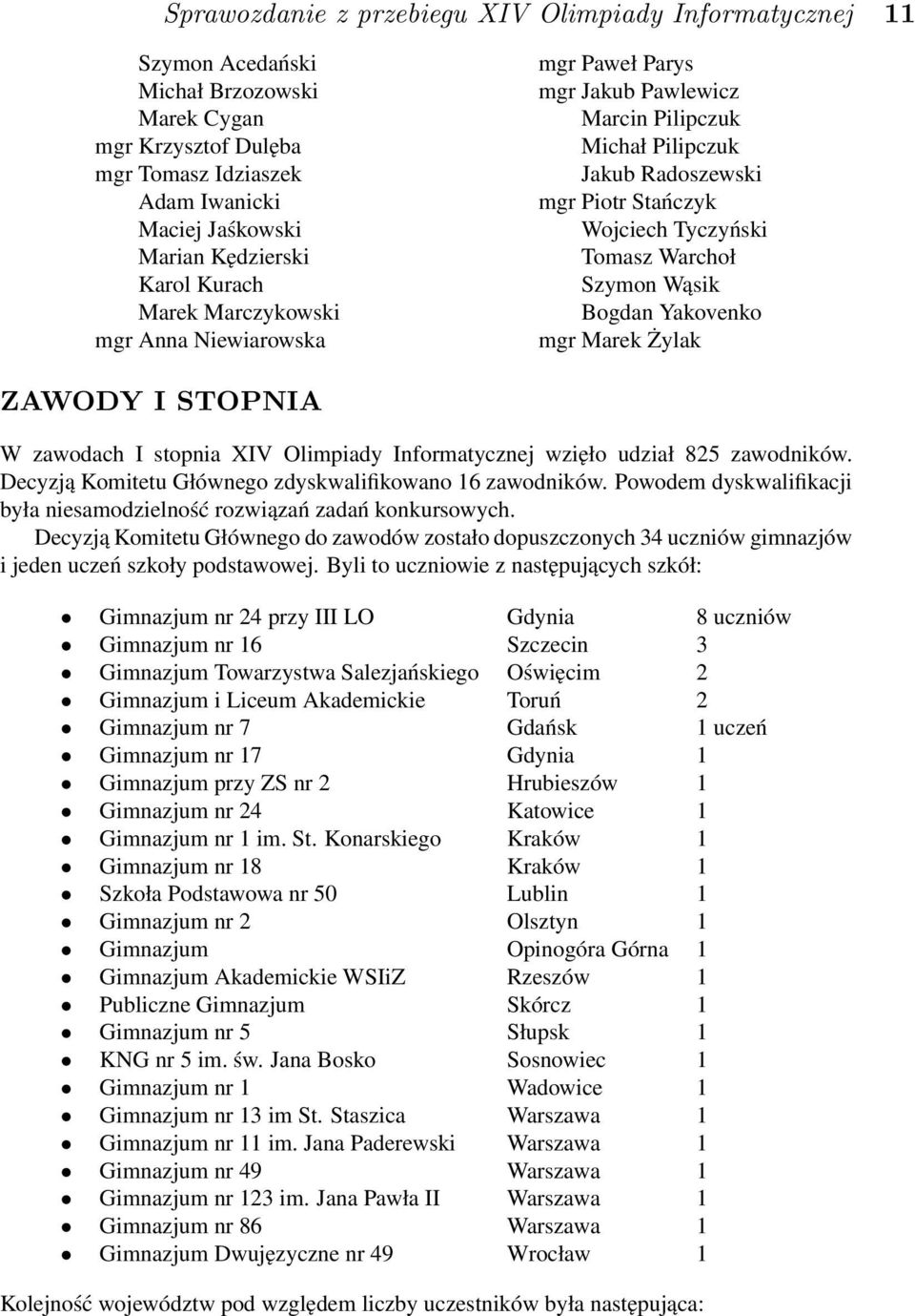 Szymon Wąsik Bogdan Yakovenko mgr Marek Żylak ZAWODY I STOPNIA W zawodach I stopnia XIV Olimpiady Informatycznej wzięło udział 825 zawodników.
