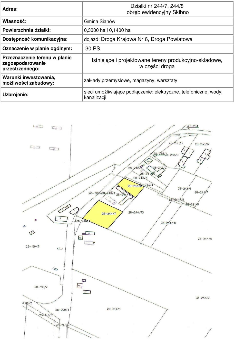 Istniejące i projektowane tereny produkcyjno-składowe, w części droga zakłady