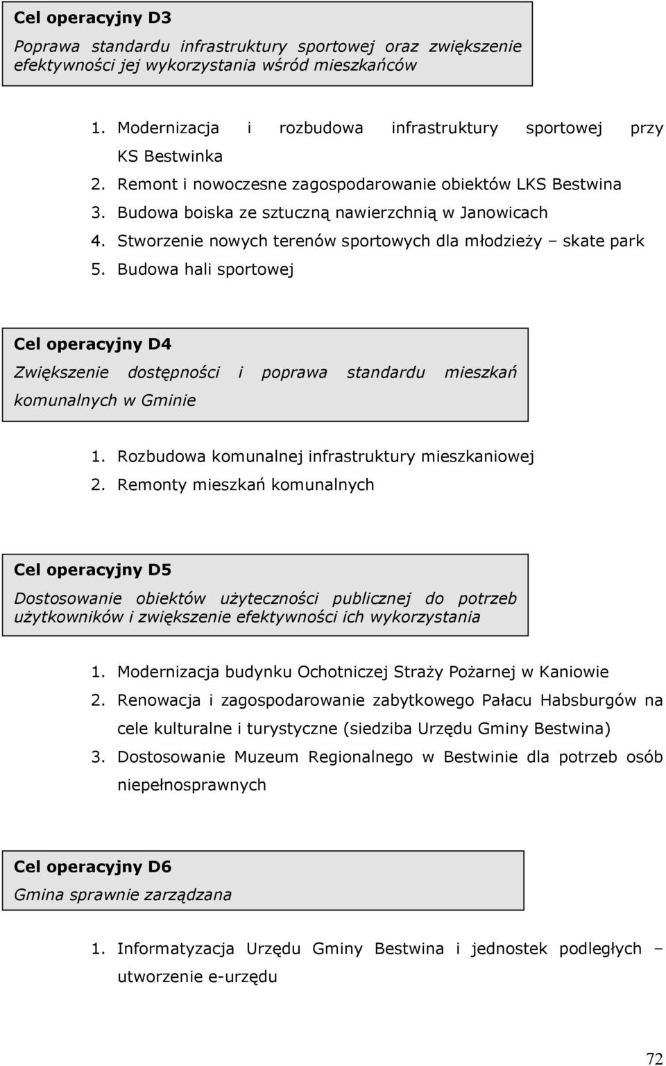 Budowa hali sportowej Cel operacyjny D4 Zwiększenie dostępności i poprawa standardu mieszkań komunalnych w Gminie 1. Rozbudowa komunalnej infrastruktury mieszkaniowej 2.