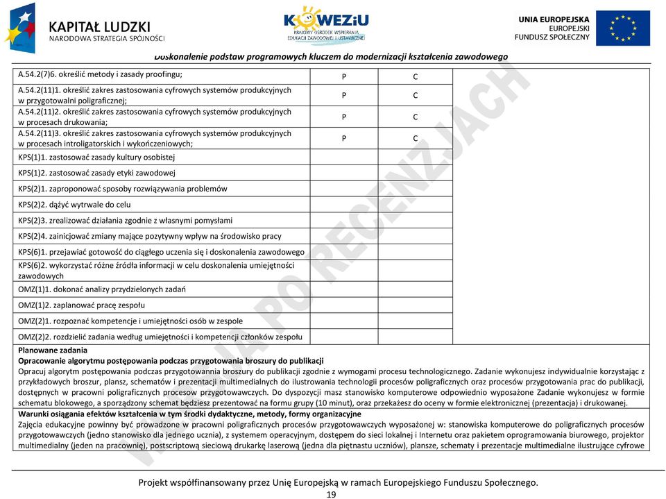 określić zakres zastosowania cyfrowych systemów produkcyjnych w procesach introligatorskich i wykończeniowych; KS(1)1. zastosować zasady kultury osobistej KS(1)2.