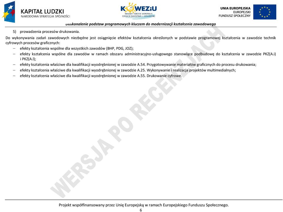 wspólne dla wszystkich zawodów (BH, DG, JOZ); efekty kształcenia wspólne dla zawodów w ramach obszaru administracyjno-usługowego stanowiące podbudowę do kształcenia w zawodzie KZ(A.i) i KZ(A.