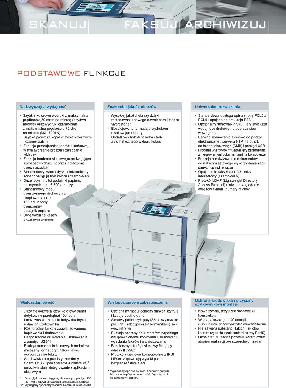 tandemu sieciowego podwajająca szybkość wydruku poprzez połączenie dwóch urządzeń Standardowy twardy dysk i elektroniczny sorter obsługują tryb koloru i czarno-biały Dużej pojemności podajniki