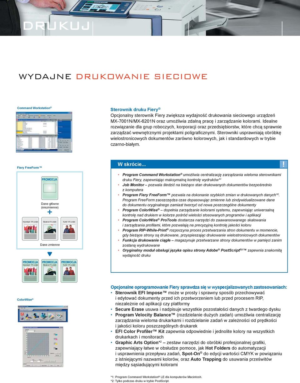 Sterowniki usprawniają obróbkę wielostronicowych dokumentów zarówno kolorowych, jak i standardowych w trybie czarno-białym. Fiery FreeForm W skrócie.