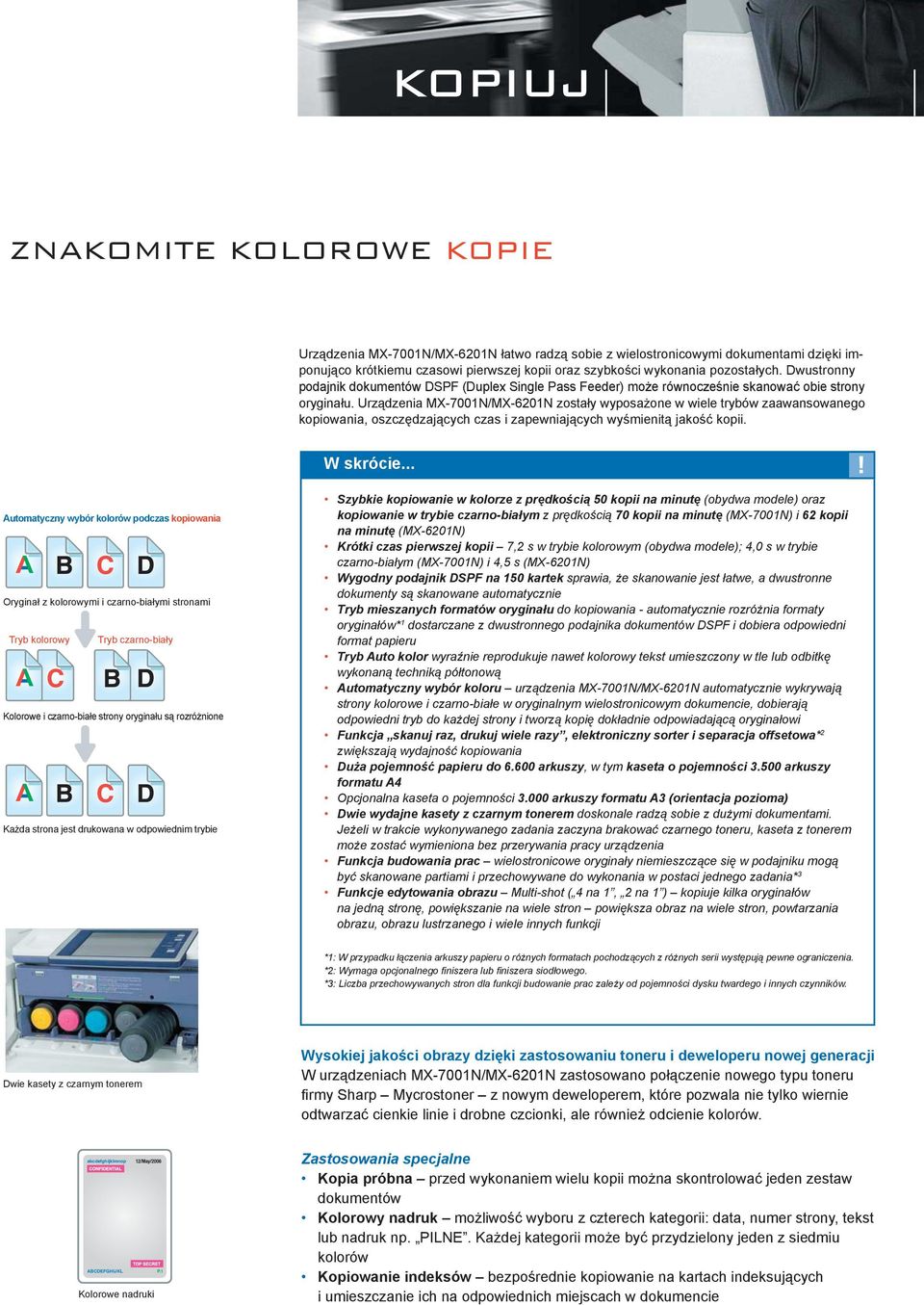Urządzenia MX-7001N/MX-6201N zostały wyposażone w wiele trybów zaawansowanego kopiowania, oszczędzających czas i zapewniających wyśmienitą jakość kopii. W skrócie.