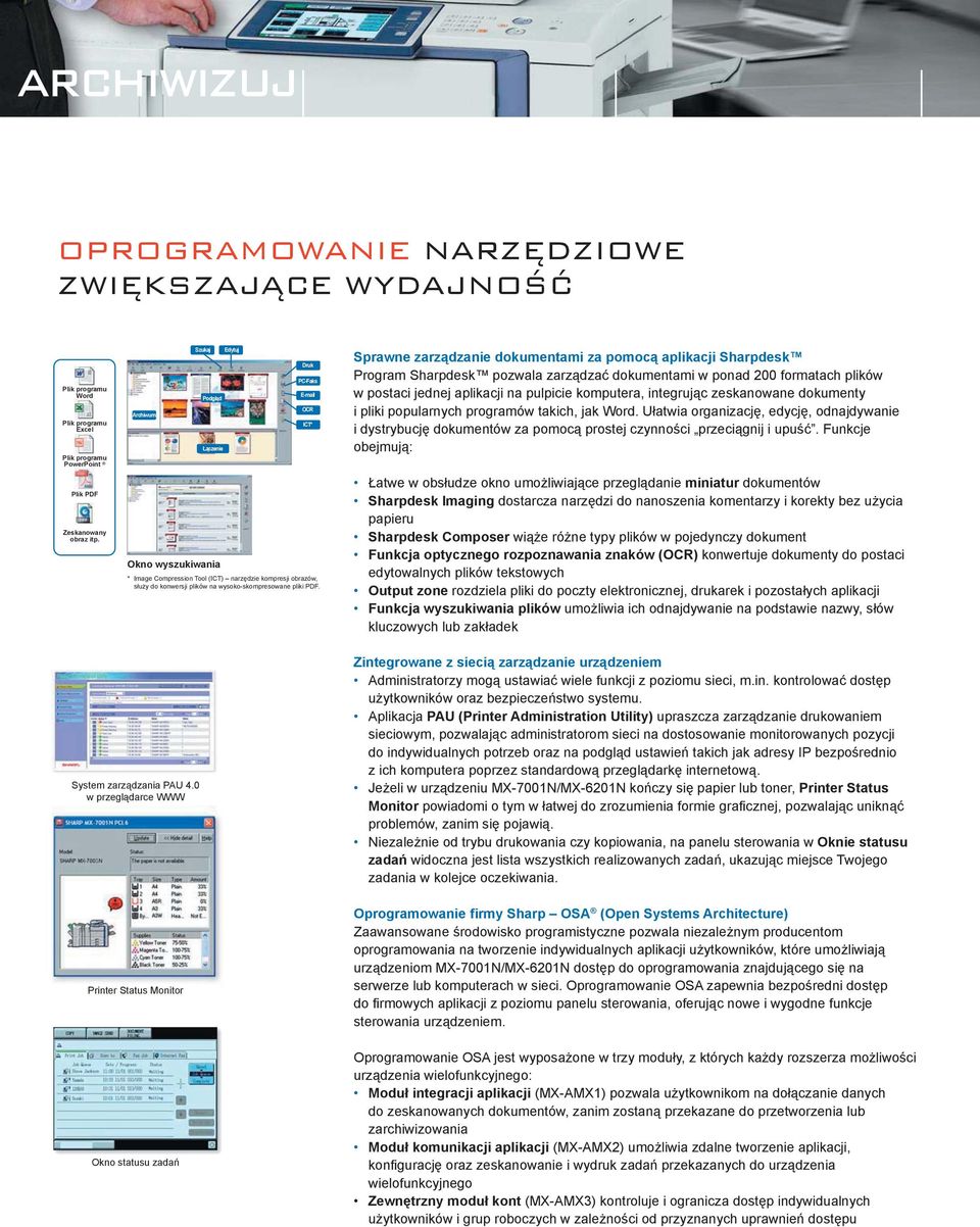 zeskanowane dokumenty i pliki popularnych programów takich, jak Word. Ułatwia organizację, edycję, odnajdywanie i dystrybucję dokumentów za pomocą prostej czynności przeciągnij i upuść.