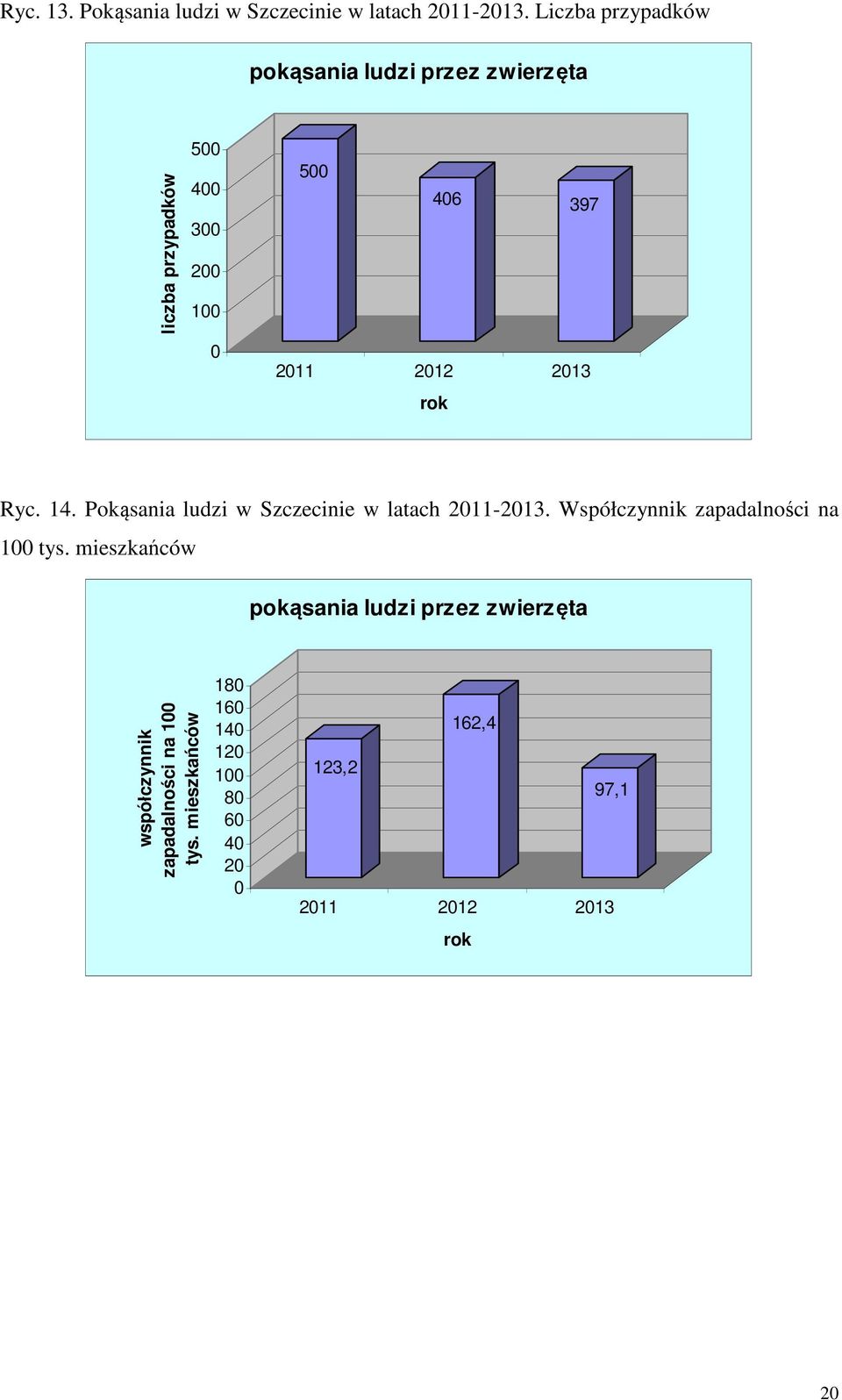 2012 2013 rok Ryc. 14. Pokąsania ludzi w Szczecinie w latach 2011-2013. Współczynnik zapadalności na 100 tys.