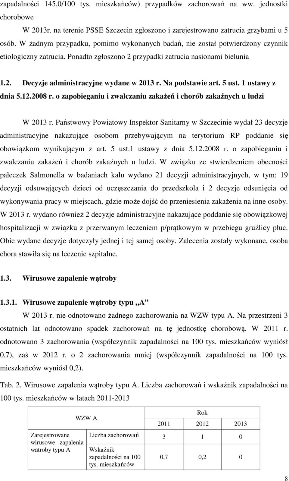 Na podstawie art. 5 ust. 1 ustawy z dnia 5.12.2008 r. o zapobieganiu i zwalczaniu zakażeń i chorób zakaźnych u ludzi W 2013 r.