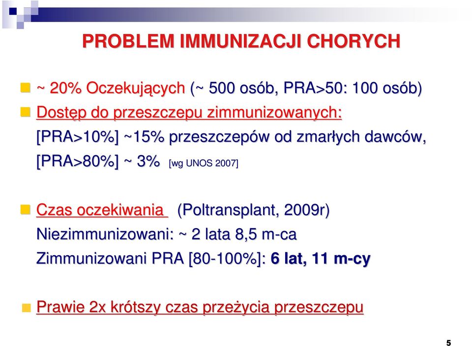 3% [wg UNOS 2007] Czas oczekiwania (Poltransplant,, 2009r) Niezimmunizowani: : ~ 2 lata 8,5