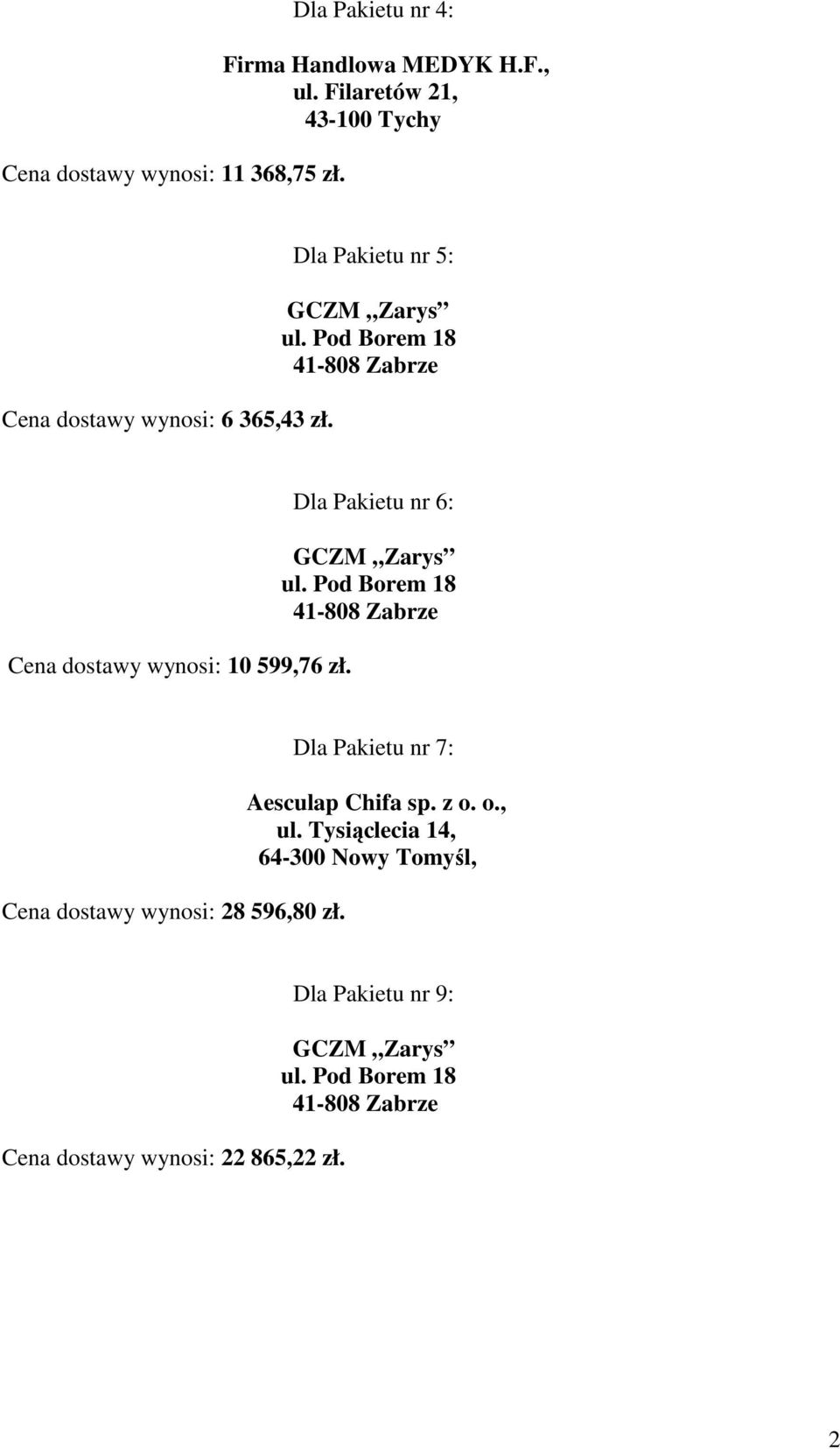 Dla Pakietu nr 5: dostawy wynosi: 10 599,76 zł.