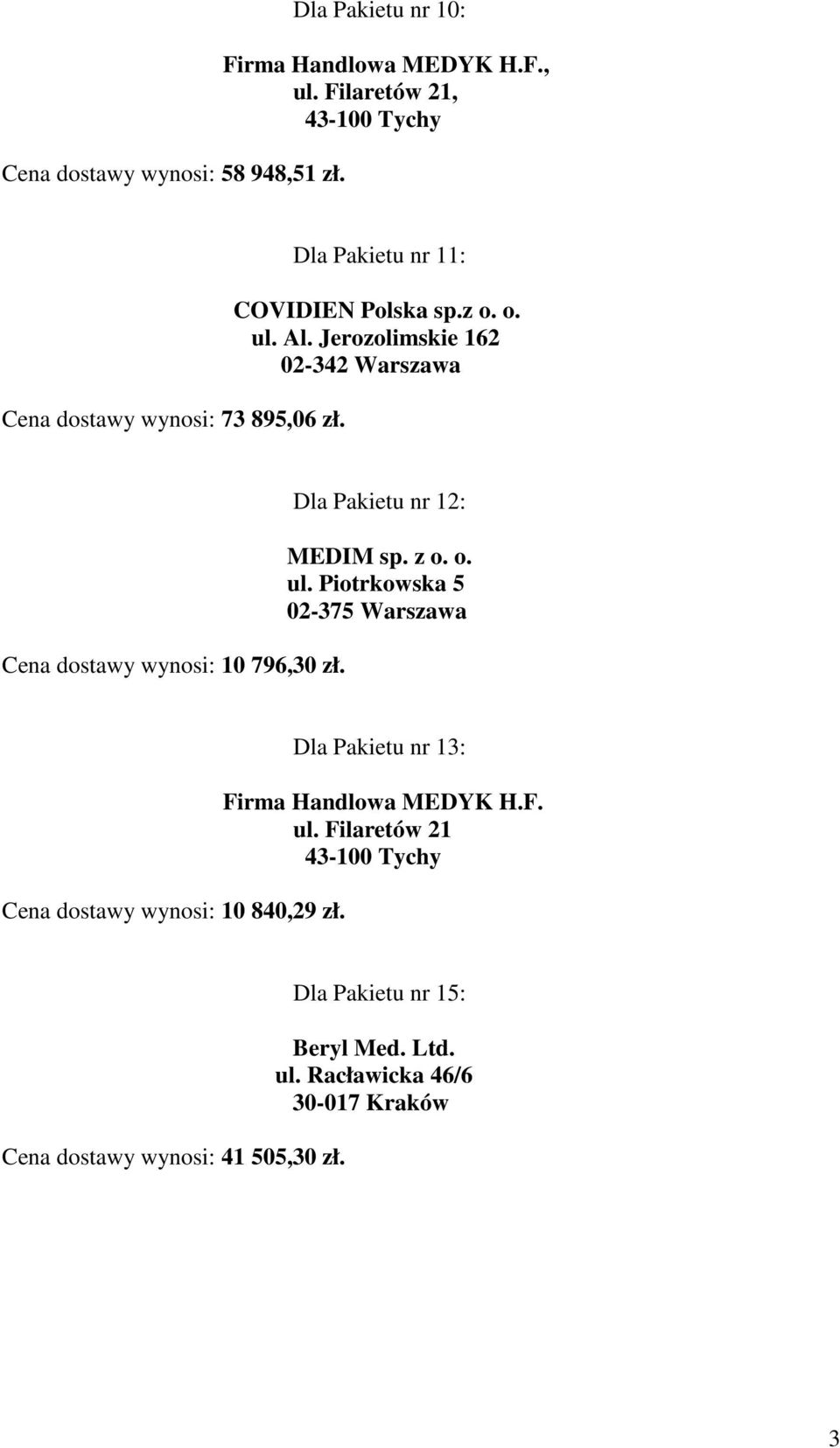 Dla Pakietu nr 12: MEDIM sp. z o. o. ul. Piotrkowska 5 02-375 Warszawa dostawy wynosi: 10 840,29 zł.