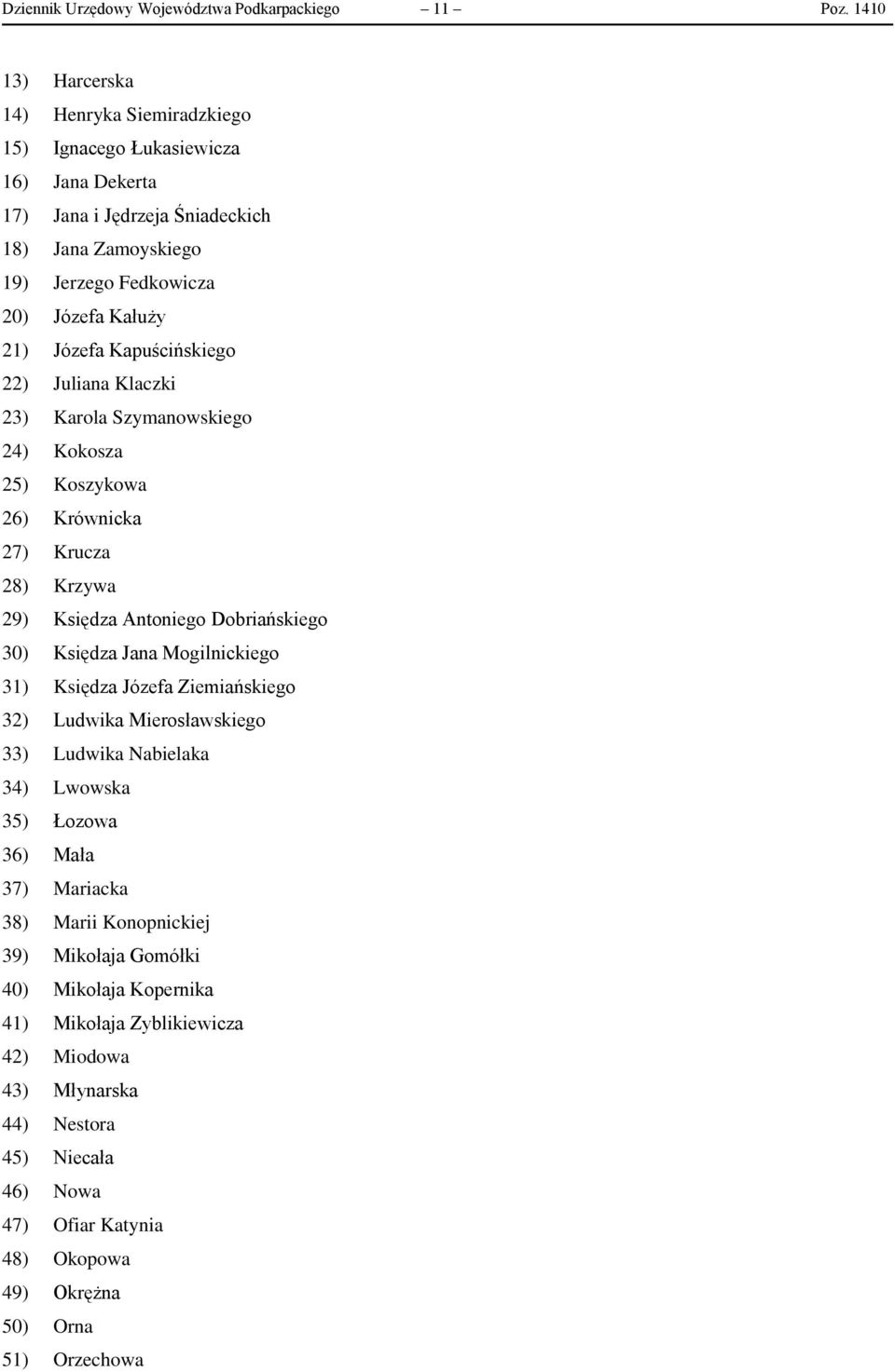 Kapuścińskiego 22) Juliana Klaczki 23) Karola Szymanowskiego 24) Kokosza 25) Koszykowa 26) Krównicka 27) Krucza 28) Krzywa 29) Księdza Antoniego Dobriańskiego 30) Księdza Jana Mogilnickiego 31)