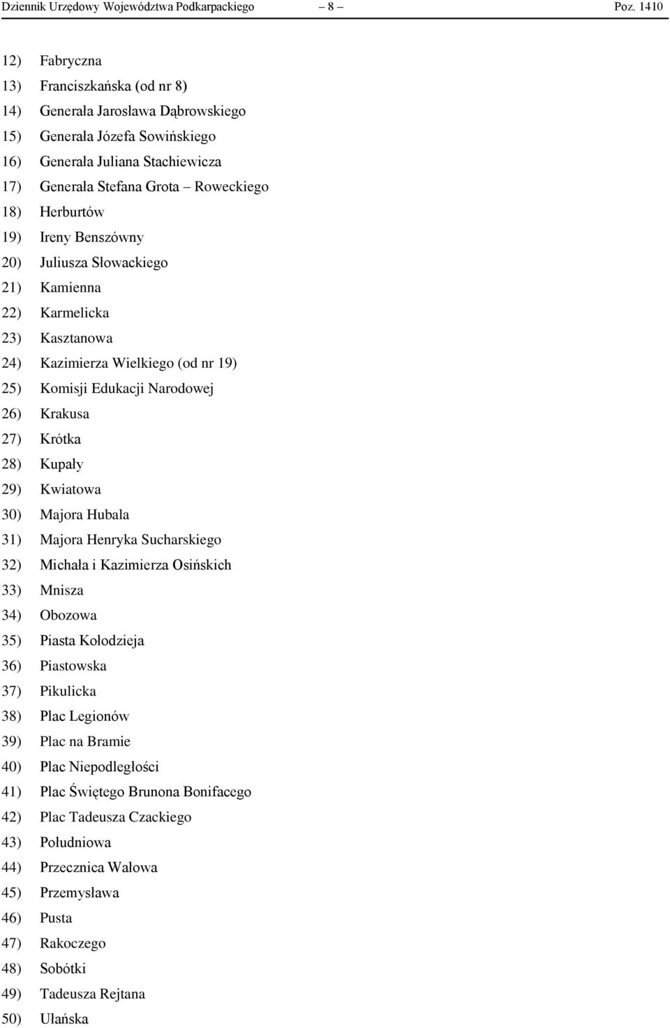 Herburtów 19) Ireny Benszówny 20) Juliusza Słowackiego 21) Kamienna 22) Karmelicka 23) Kasztanowa 24) Kazimierza Wielkiego (od nr 19) 25) Komisji Edukacji Narodowej 26) Krakusa 27) Krótka 28) Kupały