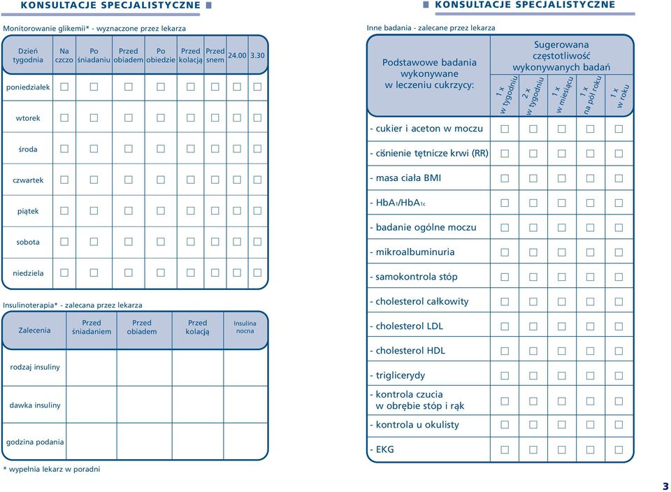 30 kolacją snem Podstawowe badania wykonywane w leczeniu cukrzycy: - cukier i aceton w moczu - ciœnienie tętnicze krwi (RR) 1 x Sugerowana częstotliwoœć wykonywanych badañ w tygodniu 2 x w tygodniu 1