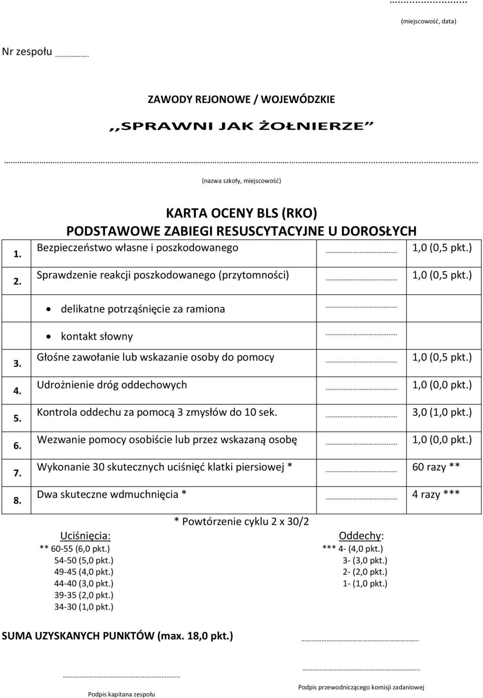 ) delikatne potrząśnięcie za ramiona 3. 4. 5. 6. 7. 8. kontakt słowny Głośne zawołanie lub wskazanie osoby do pomocy 1,0 (0,5 pkt.) Udrożnienie dróg oddechowych 1,0 (0,0 pkt.