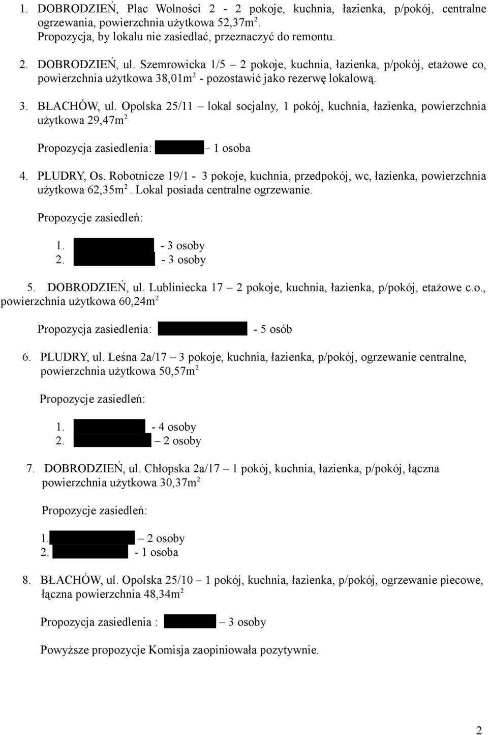 Opolska 25/11 lokal socjalny, 1 pokój, kuchnia, łazienka, powierzchnia użytkowa 29,47m 2 Propozycja zasiedlenia: Maks Jan 1 osoba 4. PLUDRY, Os.