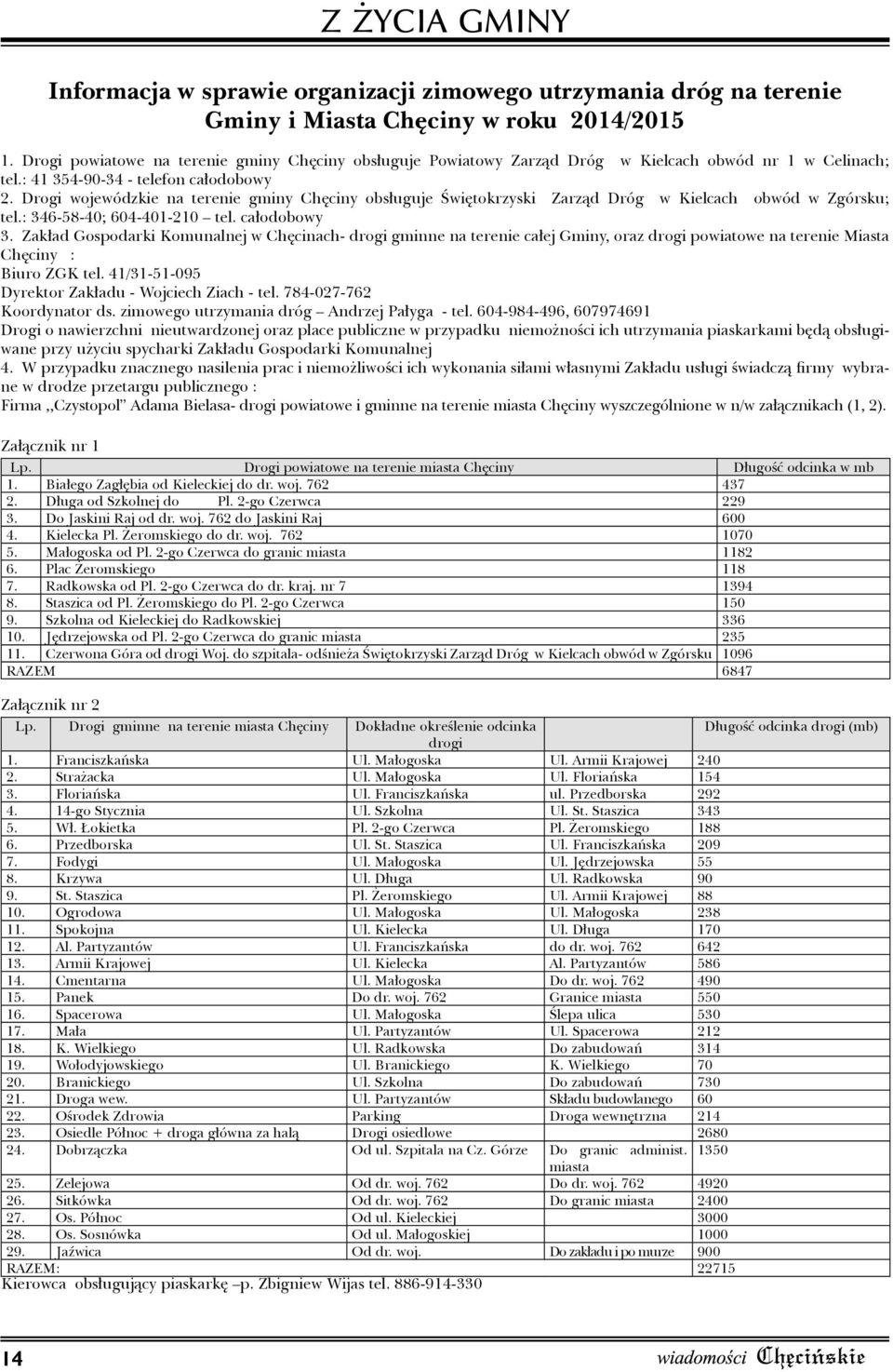Drogi wojewódzkie na terenie gminy Chęciny obsługuje Świętokrzyski Zarząd Dróg w Kielcach obwód w Zgórsku; tel.: 346-58-40; 604-401-210 tel. całodobowy 3.