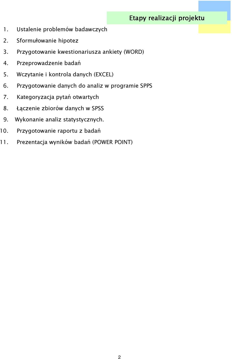 Wczytanie i kontrola danych (EXCEL) 6. Przygotowanie danych do analiz w programie SPPS 7.