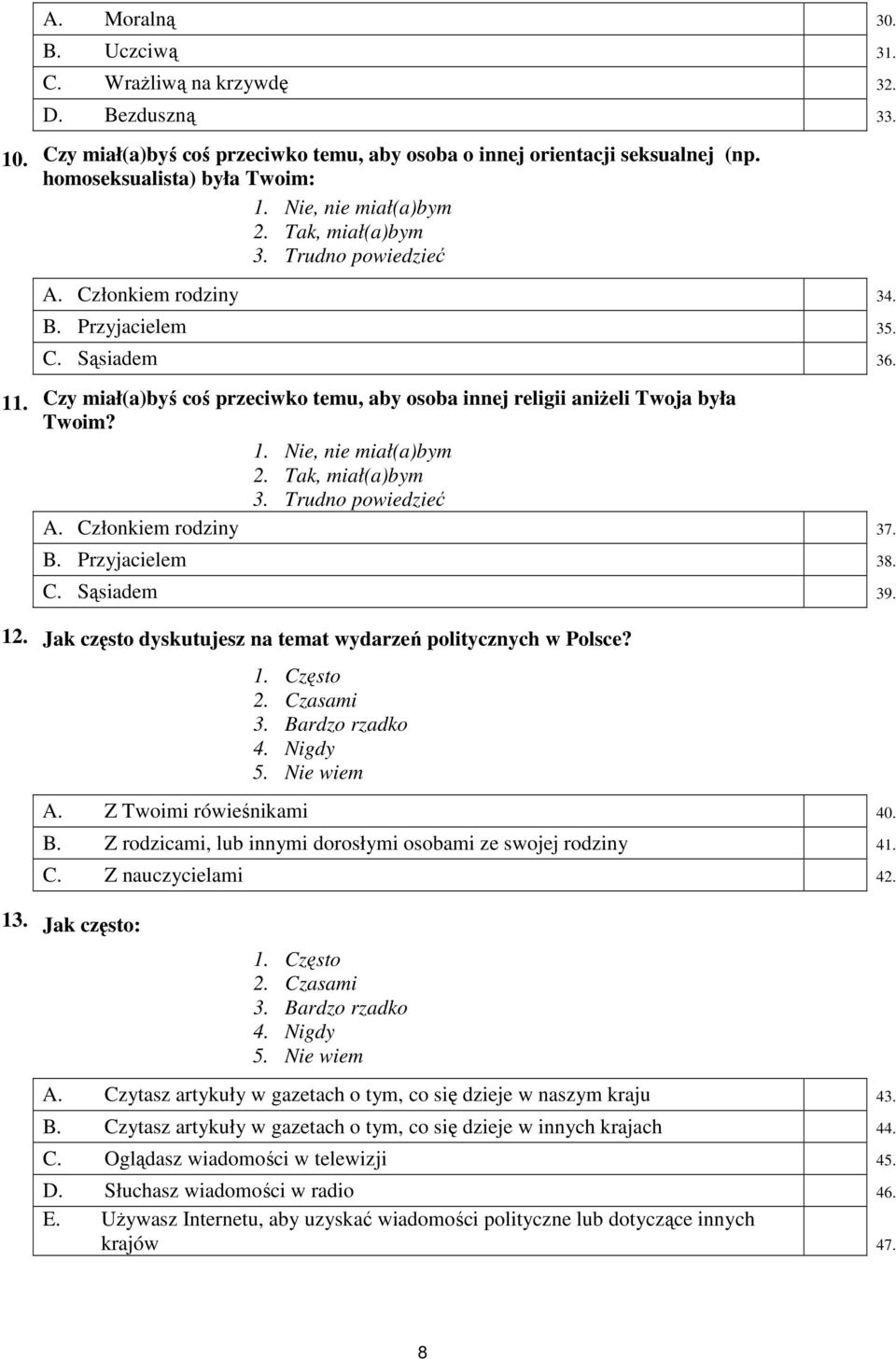 Czy miał(a)byś coś przeciwko temu, aby osoba innej religii aniŝeli Twoja była Twoim? 1. Nie, nie miał(a)bym 2. Tak, miał(a)bym 3. Trudno powiedzieć A. Członkiem rodziny 37. B. Przyjacielem 38. C. Sąsiadem 39.