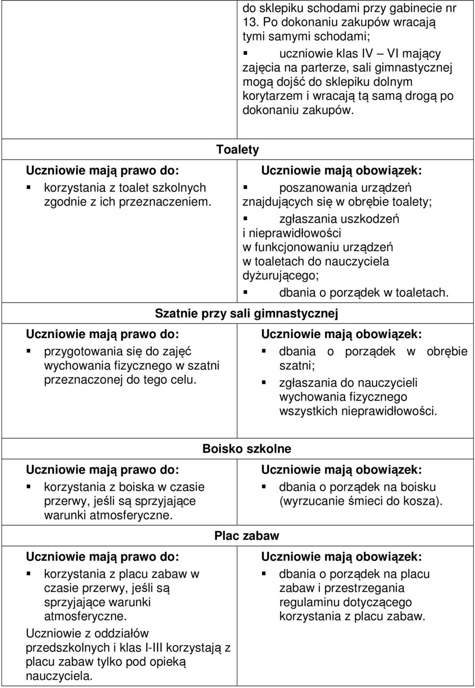 zakupów. korzystania z toalet szkolnych zgodnie z ich przeznaczeniem. przygotowania się do zajęć wychowania fizycznego w szatni przeznaczonej do tego celu.