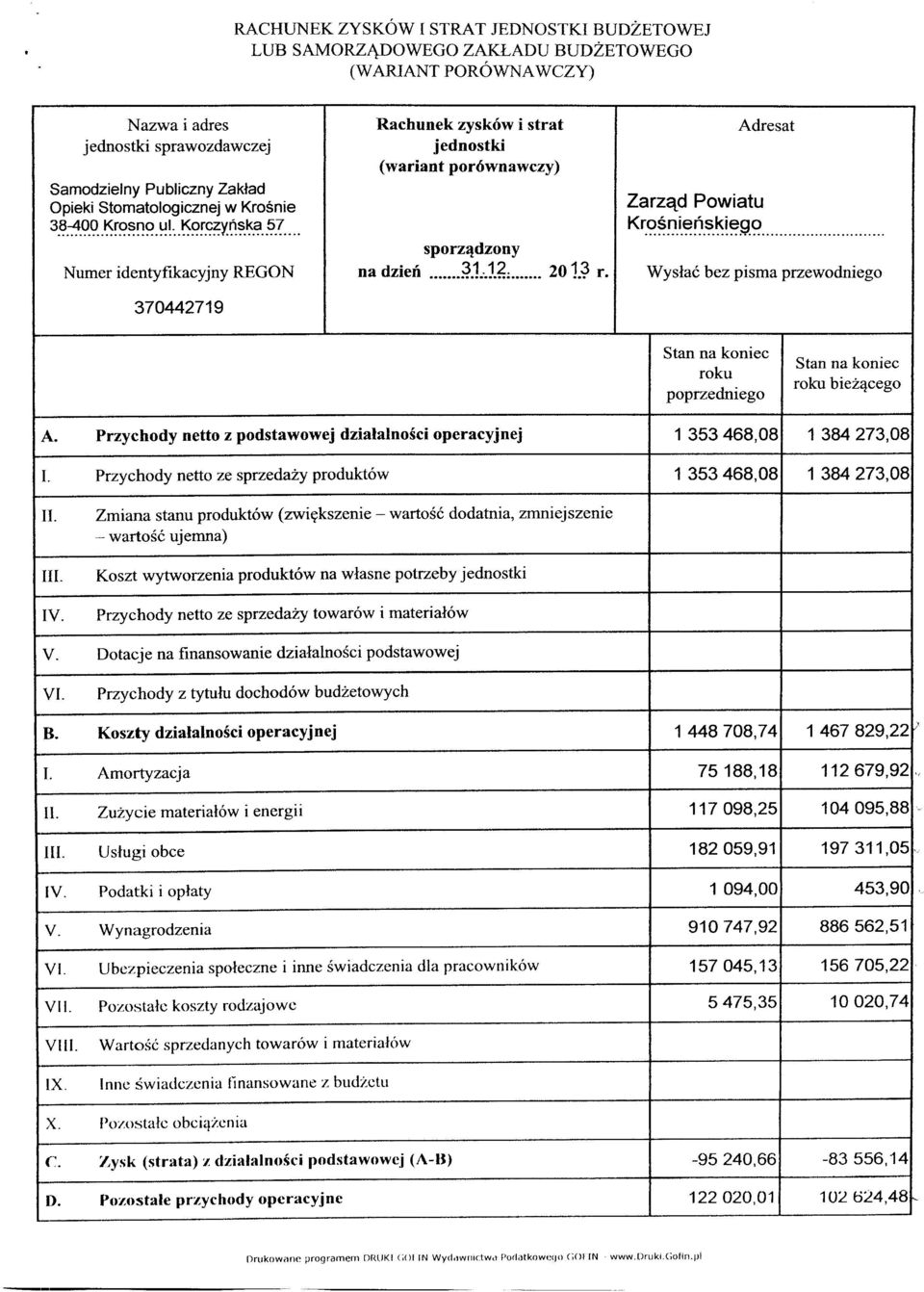 .. sporządzony Numer identyfikacyjny REGON na dzień... ~.1.J.~:... 201.~ r. Wysłać bez pisma przewodniego 370442719 Stan na koniec roku poprzedniego Stan na koniec roku bieżącego A.