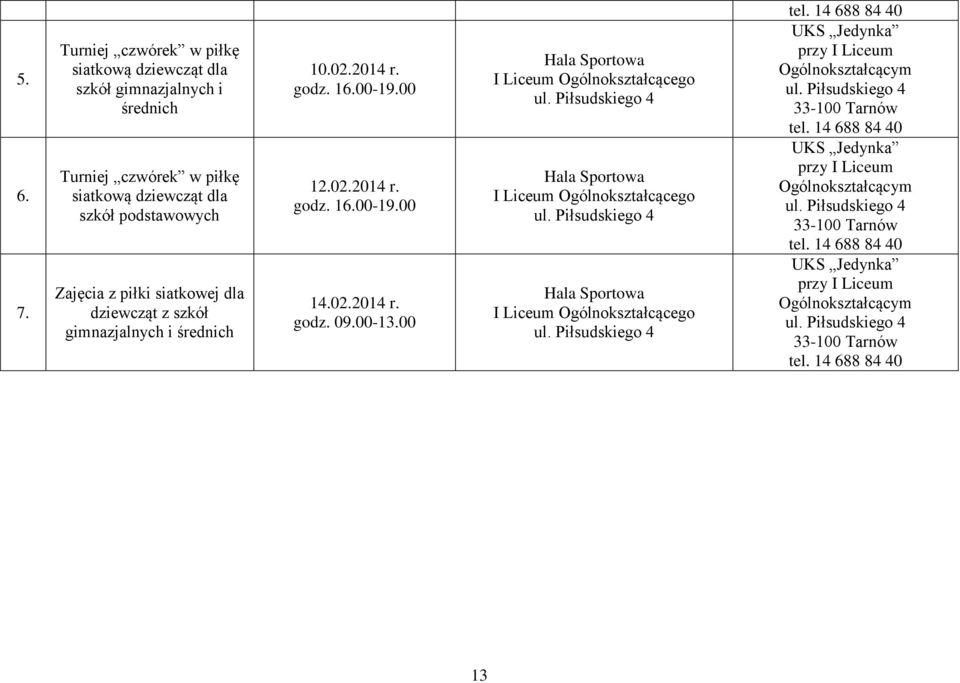 z piłki siatkowej dla dziewcząt z szkół gimnazjalnych i średnich 10.02.2014 r. godz. 16.00-19.00 12.02.2014 r. godz. 16.00-19.00 14.02.2014 r. godz. 09.