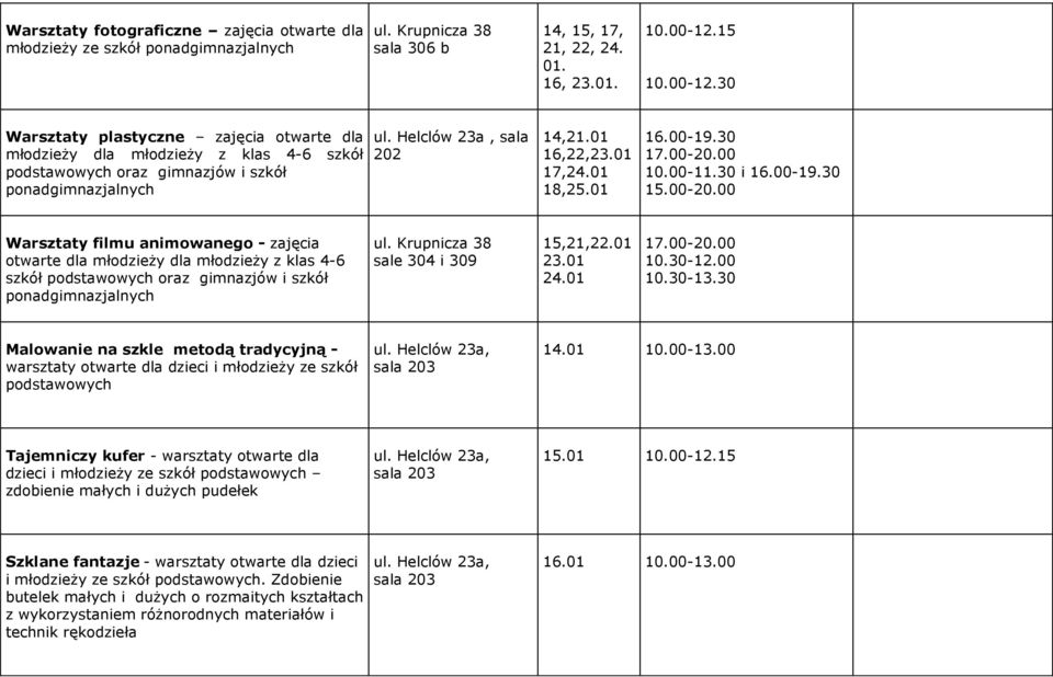 30 17.00-20.00 10.00-11.30 i 16.00-19.30 15.00-20.00 Warsztaty filmu animowanego - zajęcia otwarte dla młodzieży dla młodzieży z klas 4-6 szkół podstawowych oraz gimnazjów i szkół ul.