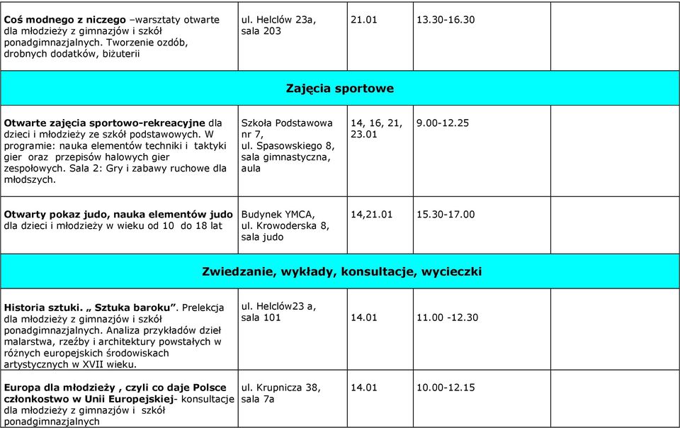 Sala 2: Gry i zabawy ruchowe dla młodszych. Szkoła Podstawowa nr 7, ul. Spasowskiego 8, sala gimnastyczna, aula 14, 16, 21, 23.01 9.00-12.