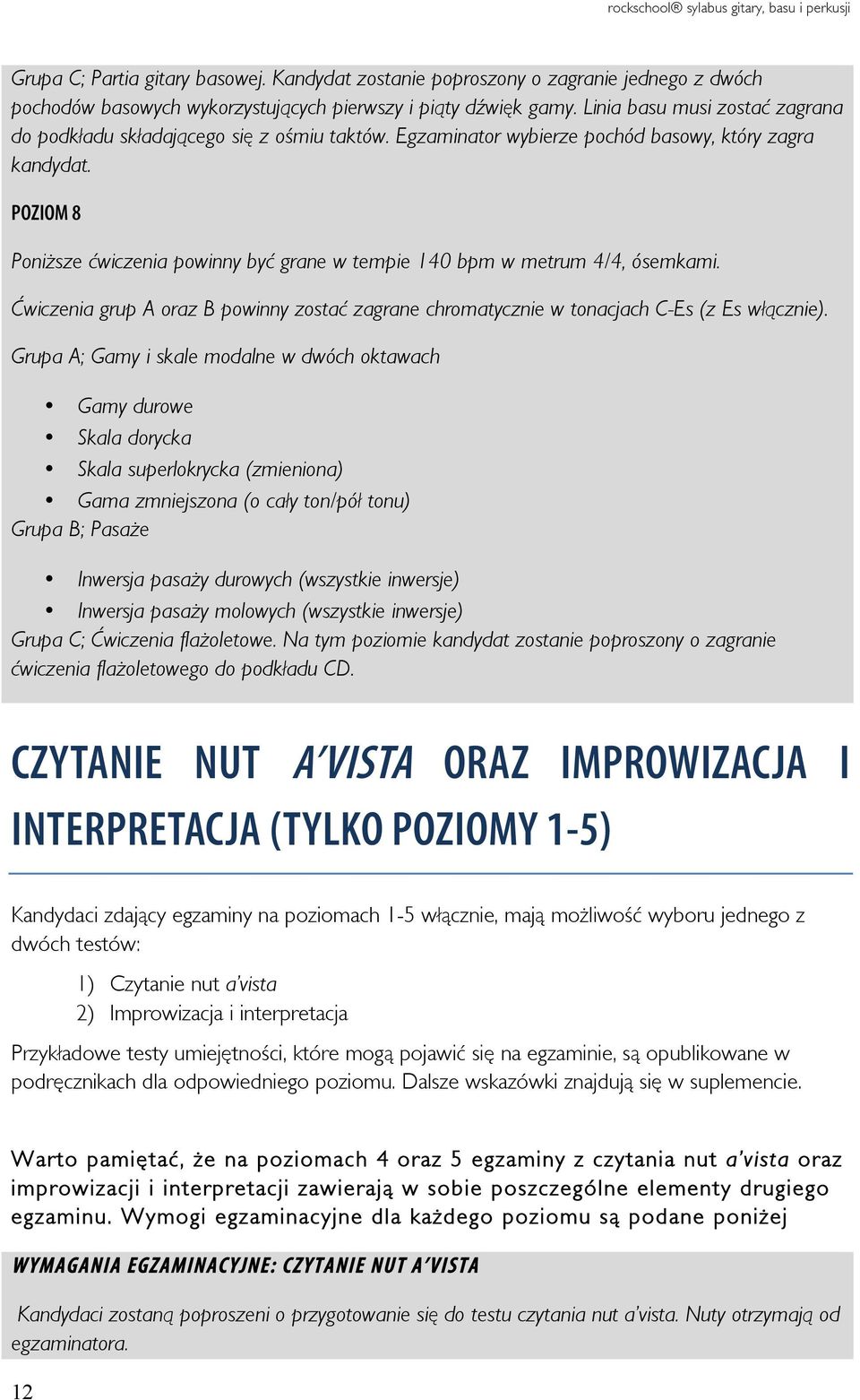 POZIOM 8 Poniższe ćwiczenia powinny być grane w tempie 140 bpm w metrum 4/4, ósemkami. Ćwiczenia grup A oraz B powinny zostać zagrane chromatycznie w tonacjach C-Es (z Es włącznie).