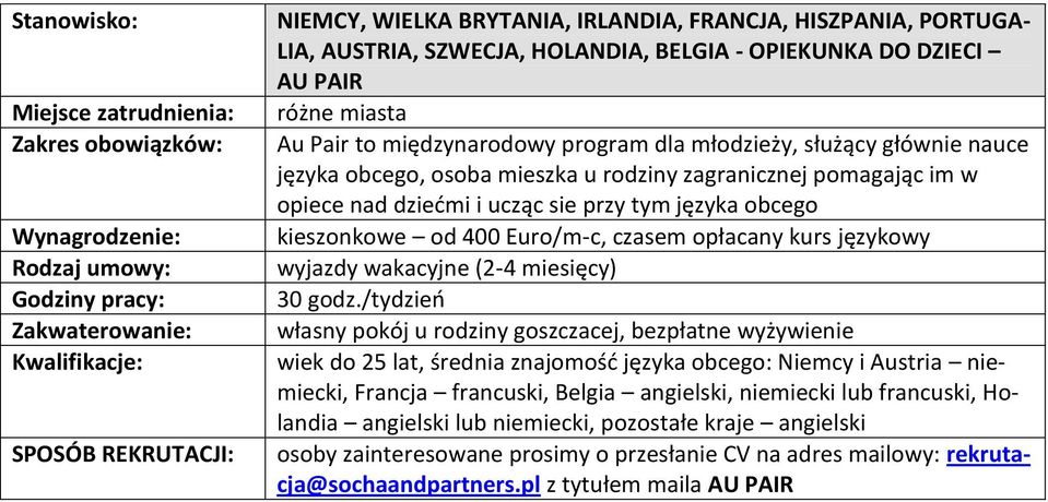 Euro/m-c, czasem opłacany kurs językowy wyjazdy wakacyjne (2-4 miesięcy) 30 godz.