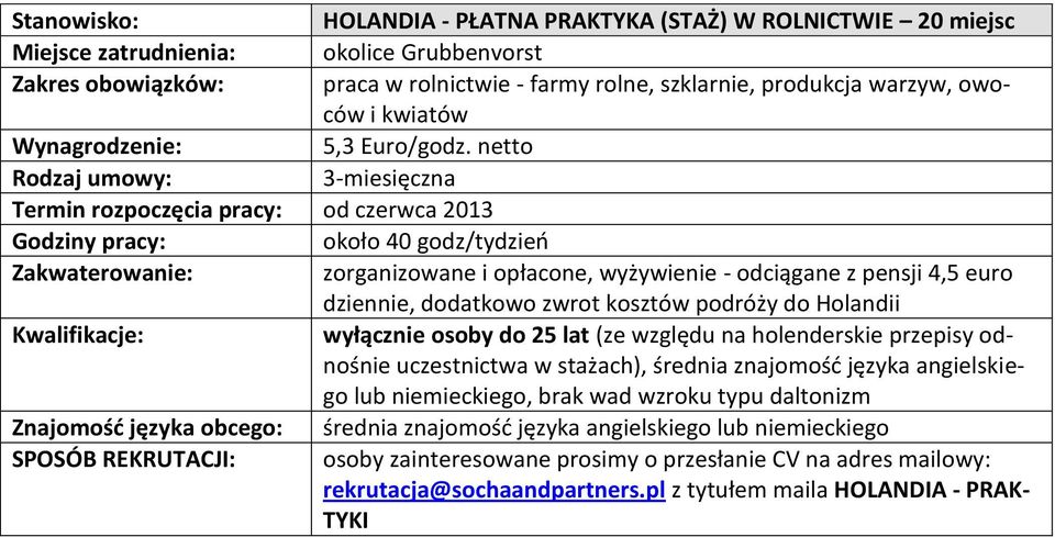 podróży do Holandii wyłącznie osoby do 25 lat (ze względu na holenderskie przepisy odnośnie uczestnictwa w stażach), średnia znajomość języka angielskiego lub niemieckiego, brak wad wzroku typu