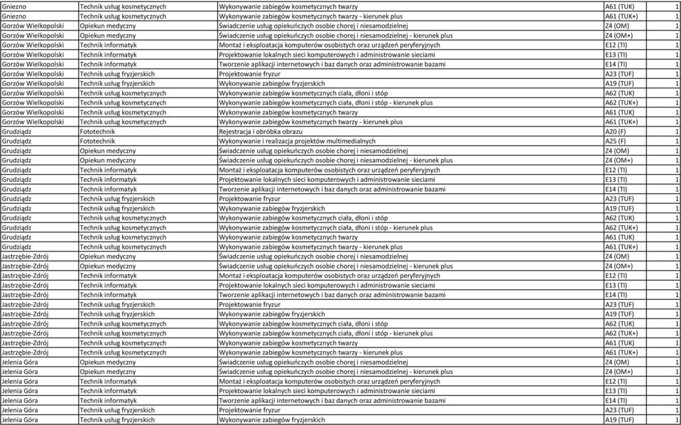 niesamodzielnej - kierunek plus Z4 (OM+) 1 Gorzów Wielkopolski Technik informatyk Montaż i eksploatacja komputerów osobistych oraz urządzeń peryferyjnych E12 (TI) 1 Gorzów Wielkopolski Technik