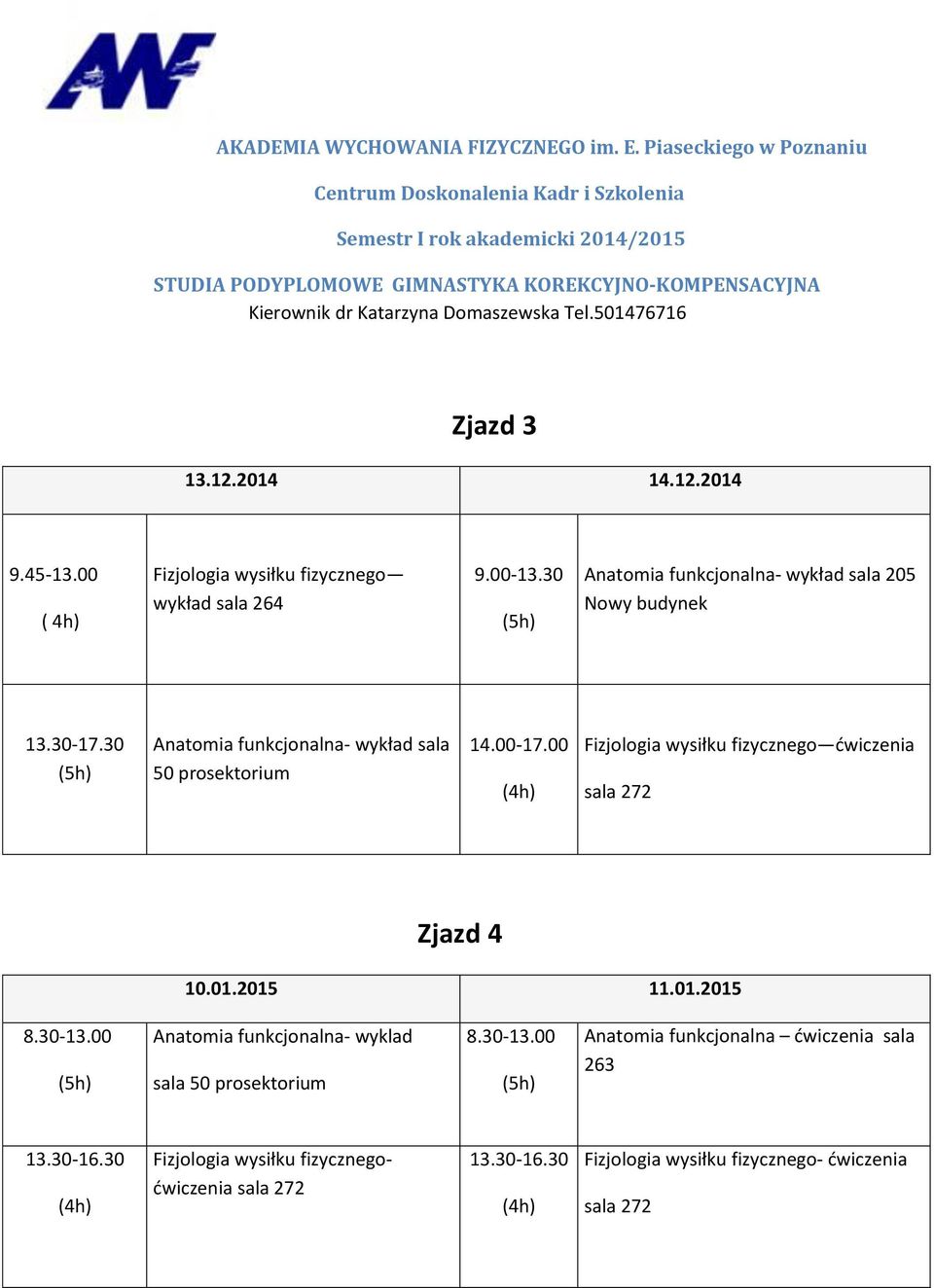 00 (4h) Fizjologia wysiłku fizycznego ćwiczenia sala 272 Zjazd 4 10.01.2015 11.01.2015 8.30-13.