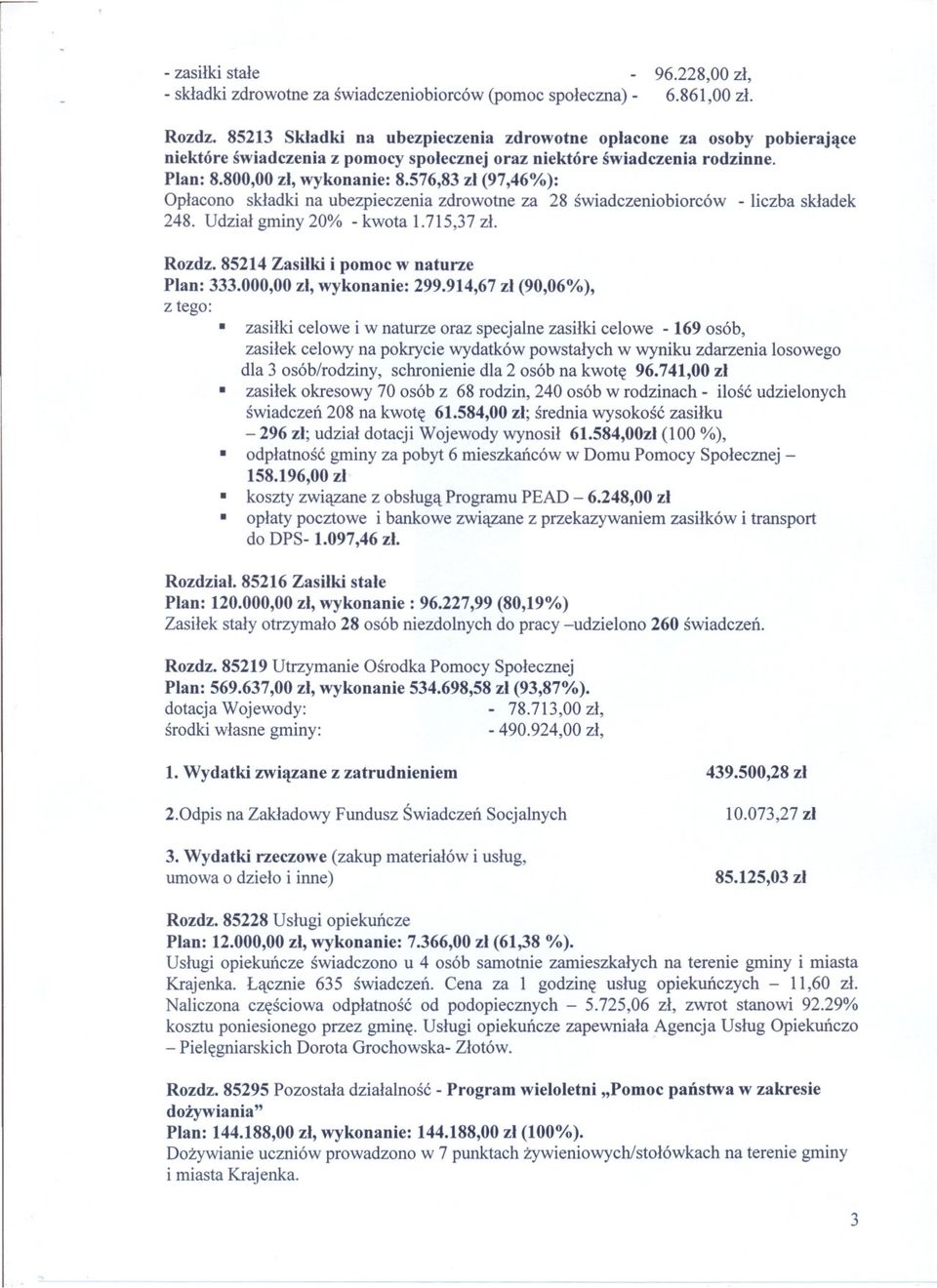 576,83 zl (97,46%): Oplacono skladki na ubezpieczenia zdrowotne za 28 swiadczeniobiorców - liczba skladek 248. Udzial gminy 20% - kwota 1.715,37 zl. Rozdz. 85214 Zasilki i pomoc w naturze Plan: 333.