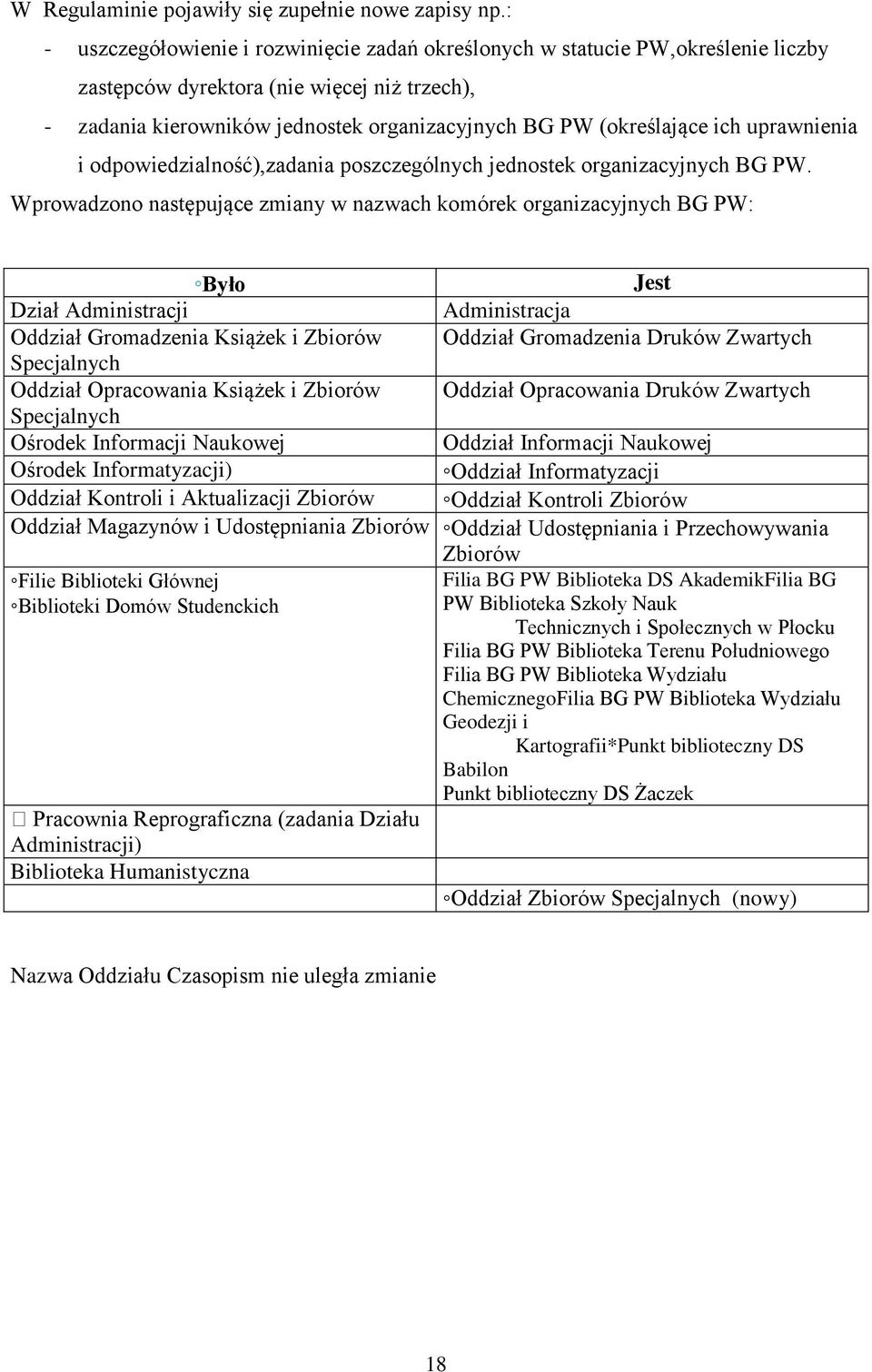 ich uprawnienia i odpowiedzialność),zadania poszczególnych jednostek organizacyjnych BG PW.