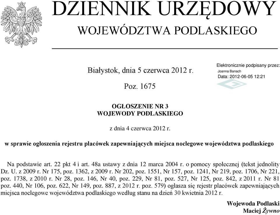 o społecznej (tekst jednolity Dz. U. z 2009 r. Nr 175, poz. 1362, z 2009 r. Nr 202, poz. 1551, Nr 157, poz. 1241, Nr 219, poz. 1706, Nr 221, poz. 1738, z 2010 r. Nr 28, poz. 146, Nr 40, poz.