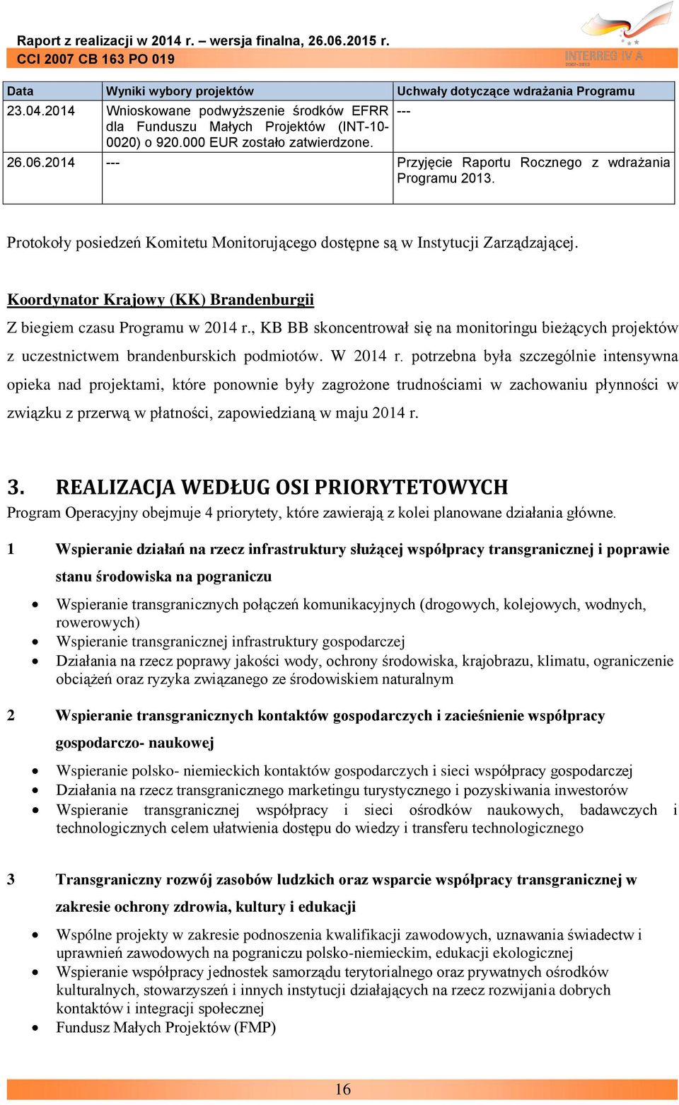 Koordynator Krajowy (KK) Brandenburgii Z biegiem czasu Programu w 2014 r., KB BB skoncentrował się na monitoringu bieżących projektów z uczestnictwem brandenburskich podmiotów. W 2014 r.