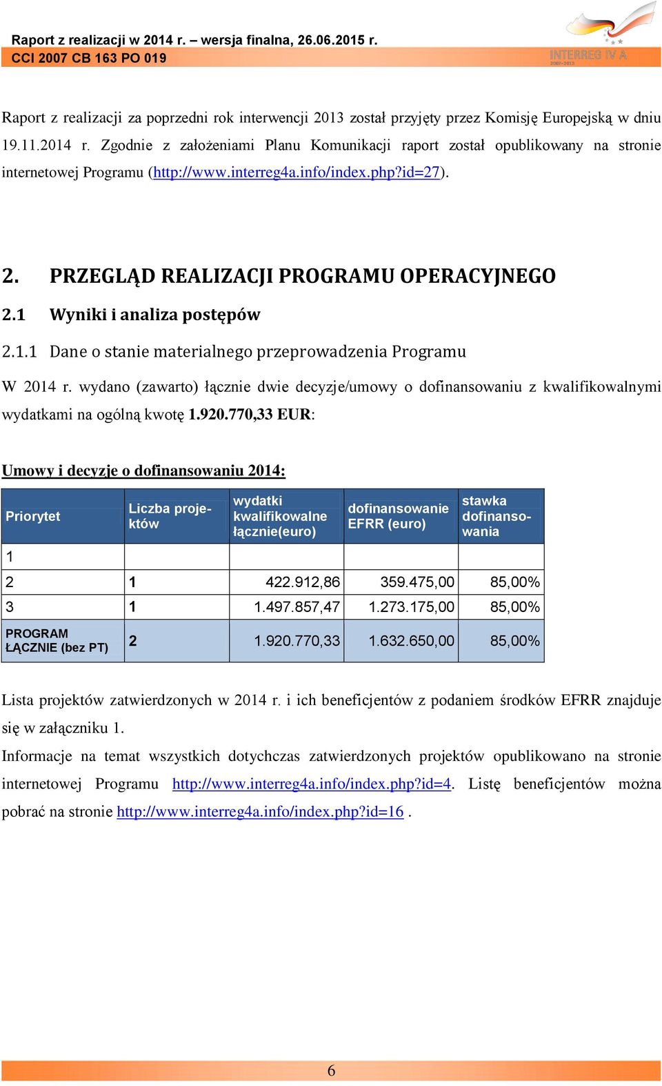 1 Wyniki i analiza postępów 2.1.1 Dane o stanie materialnego przeprowadzenia Programu W 2014 r.