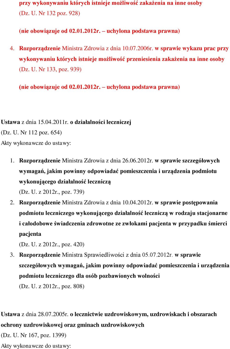 uchylona podstawa prawna) Ustawa z dnia 15.04.2011r. o działalności leczniczej (Dz. U. Nr 112 poz. 654) 1. Rozporządzenie Ministra Zdrowia z dnia 26.06.2012r.