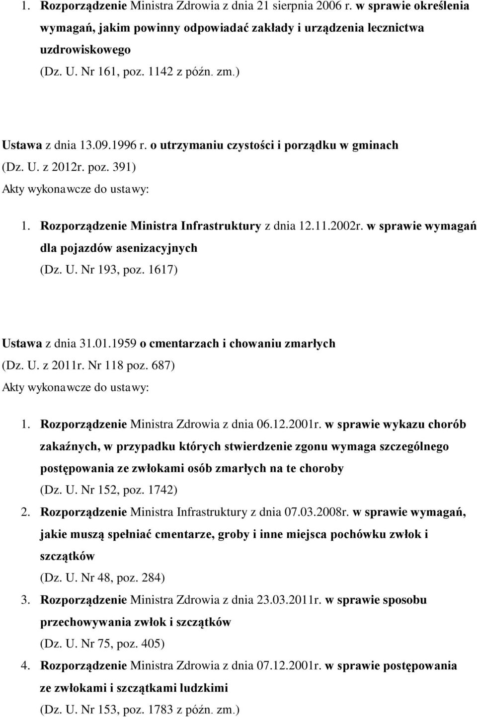 w sprawie wymagań dla pojazdów asenizacyjnych (Dz. U. Nr 193, poz. 1617) Ustawa z dnia 31.01.1959 o cmentarzach i chowaniu zmarłych (Dz. U. z 2011r. Nr 118 poz. 687) 1.