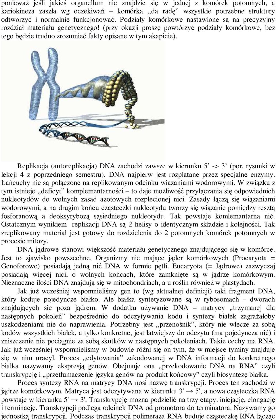 Replikacja (autoreplikacja) DNA zachodzi zawsze w kierunku 5 -> 3 (por. rysunki w lekcji 4 z poprzedniego semestru). DNA najpierw jest rozplatane przez specjalne enzymy.