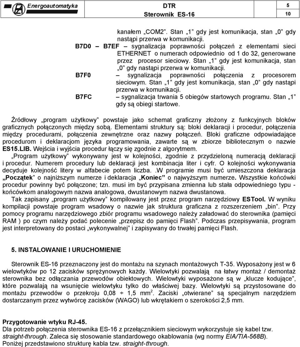 Stan 1 gdy jest komunikacja, stan 0 gdy nastąpi przerwa w komunikacji. B7F0 sygnalizacja poprawności połączenia z procesorem sieciowym.